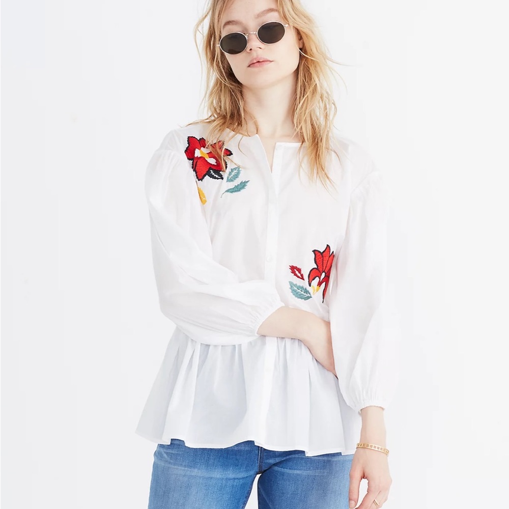 Madewell White Blouse with Red Floral Embroidery